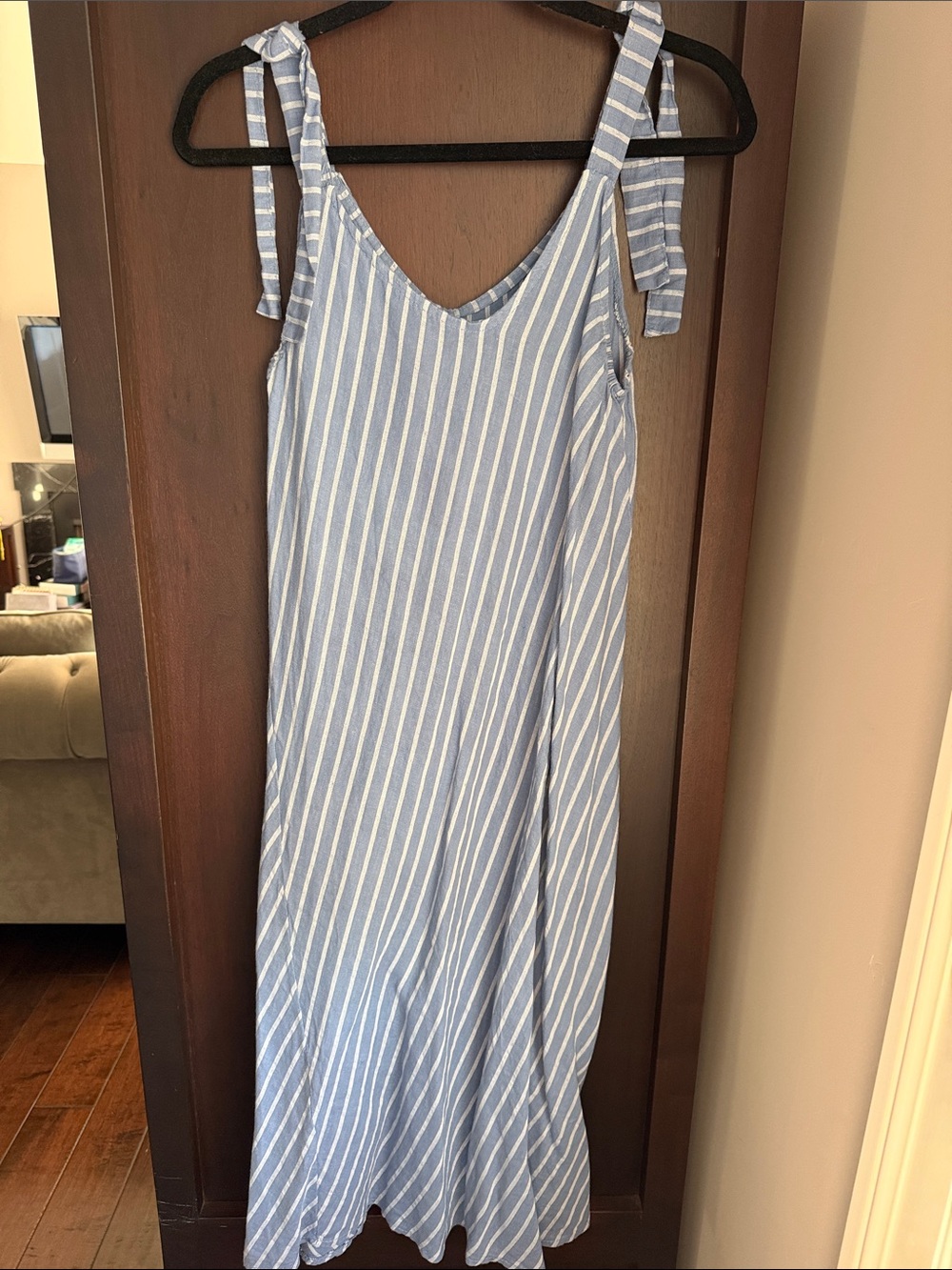 Italina Blue and White Striped Tie-Shoulder Maxi Dress